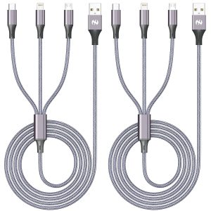 AICHUA 3 in 1 Multi Charging Cable 6ft, 2 Pack Nylon Braided Charger Cord with Lightning, USB C and Micro USB Connectors, Universal Phone Charging Cable for iPhone and Android Devices