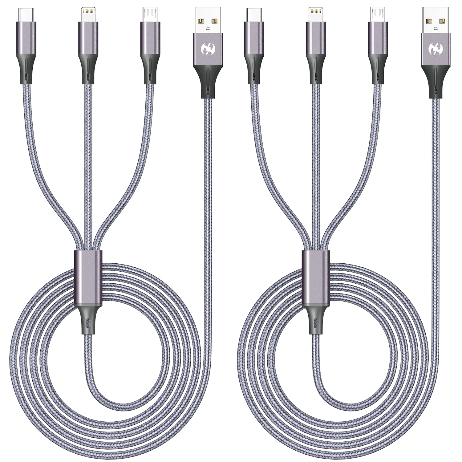 AICHUA 3 in 1 Multi Charging Cable 6ft, 2 Pack Nylon Braided Charger Cord with Lightning, USB C and Micro USB Connectors, Universal Phone Charging Cable for iPhone and Android Devices