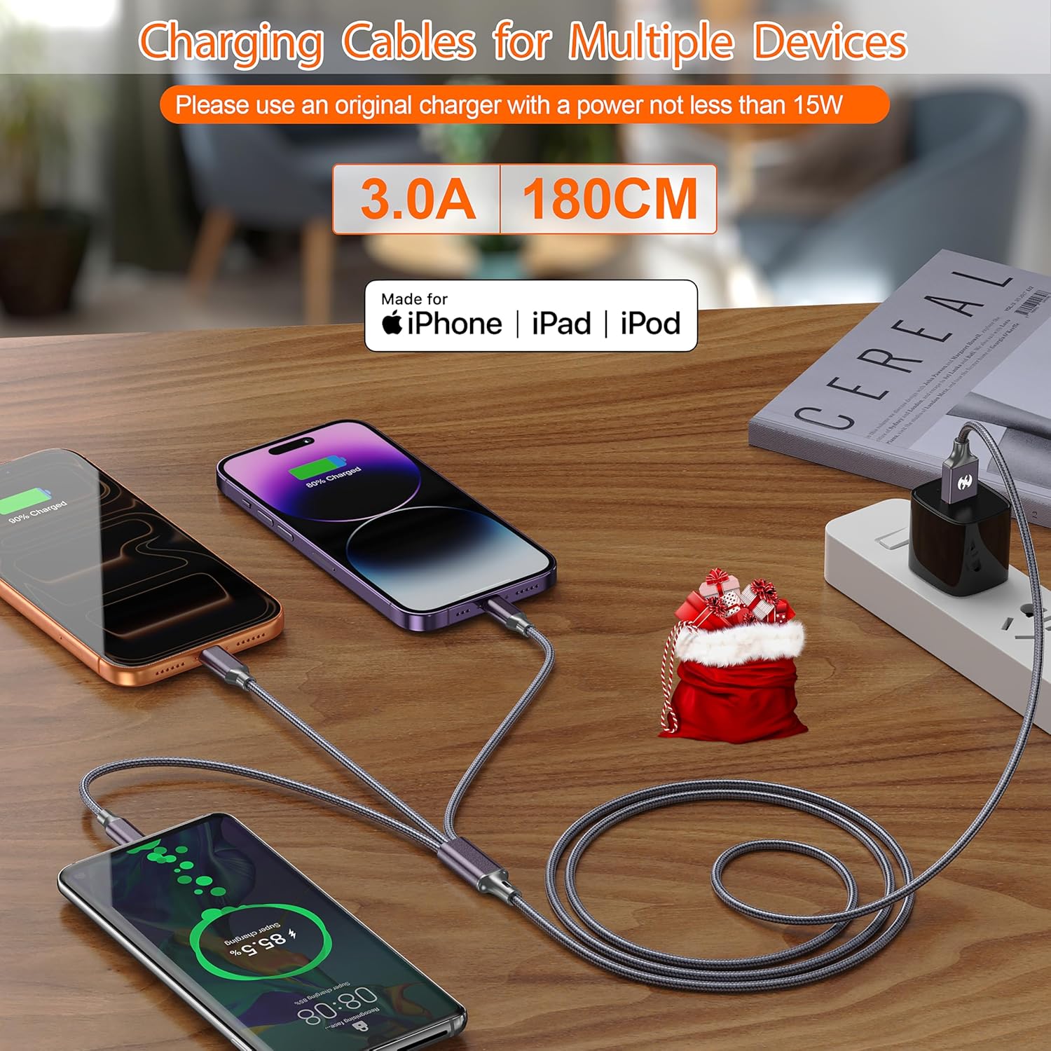 AICHUA 3 in 1 Multi Charging Cable 6ft, 2 Pack Nylon Braided Charger Cord with Lightning, USB C and Micro USB Connectors, Universal Phone Charging Cable for iPhone and Android Devices
