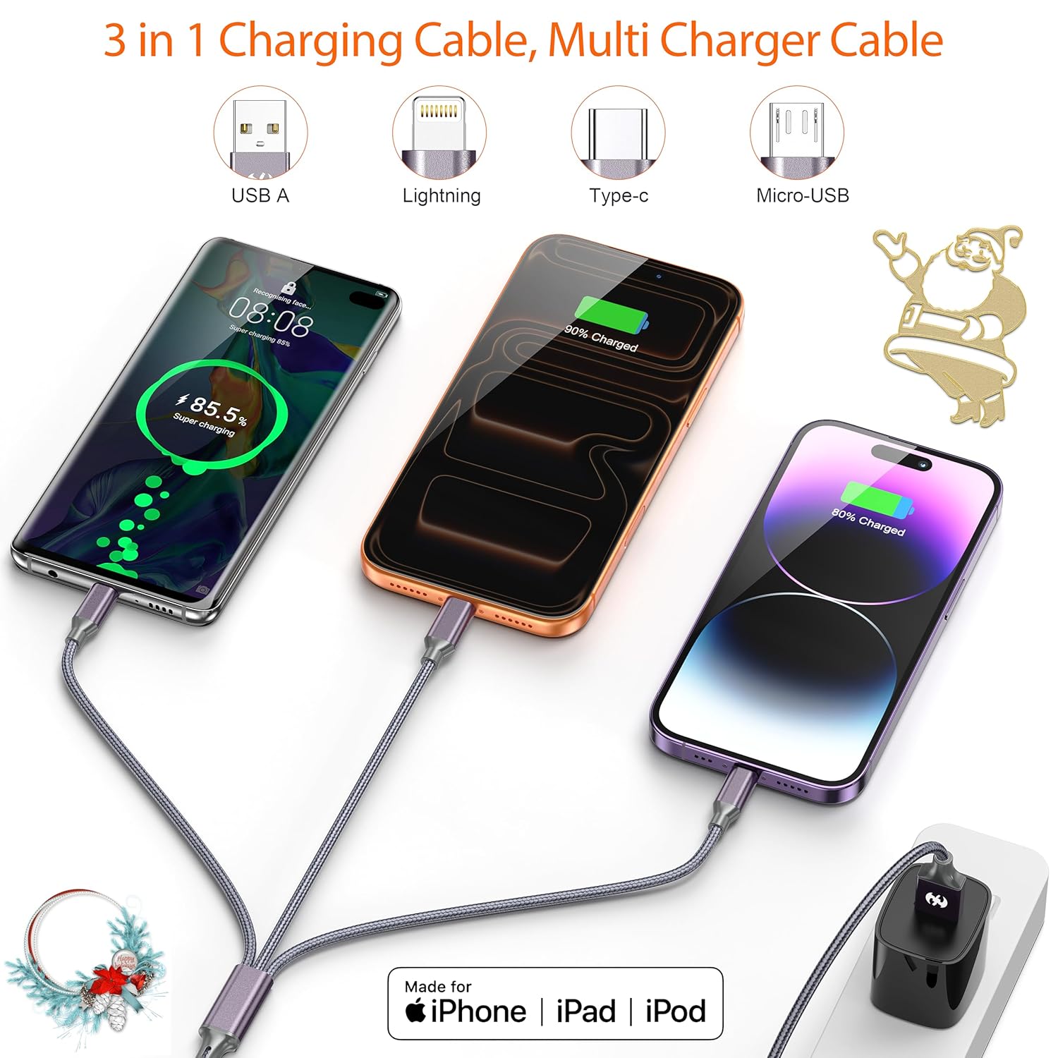 AICHUA 3 in 1 Multi Charging Cable 6ft, 2 Pack Nylon Braided Charger Cord with Lightning, USB C and Micro USB Connectors, Universal Phone Charging Cable for iPhone and Android Devices