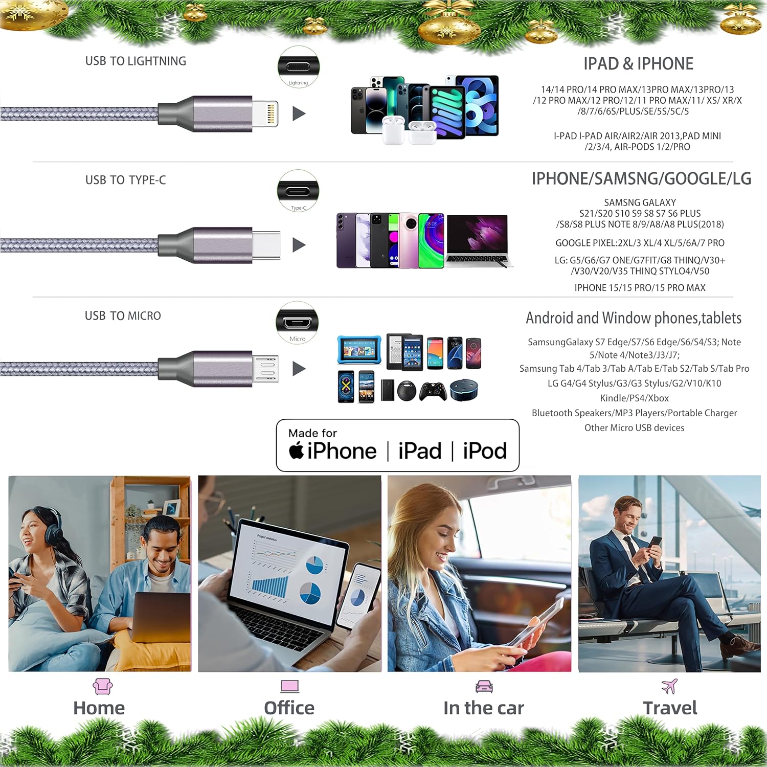 AICHUA 3 in 1 Multi Charging Cable 6ft, 2 Pack Nylon Braided Charger Cord with Lightning, USB C and Micro USB Connectors, Universal Phone Charging Cable for iPhone and Android Devices