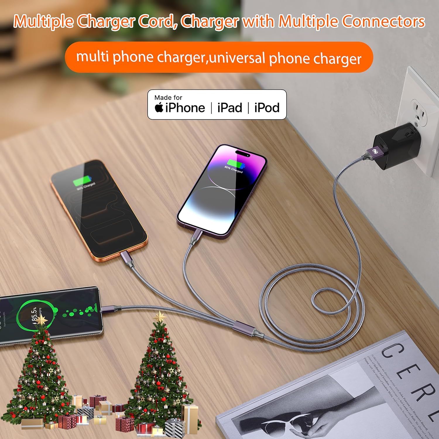 AICHUA 3 in 1 Multi Charging Cable 6ft, 2 Pack Nylon Braided Charger Cord with Lightning, USB C and Micro USB Connectors, Universal Phone Charging Cable for iPhone and Android Devices