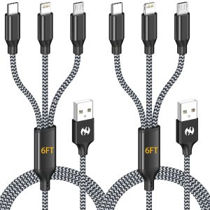 AICHUA 3 in 1 Multi Charging Cable 6ft, 2 Pack Nylon Braided Charger Cord with Lightning, USB C and Micro USB Connectors, Universal Phone Charging Cable for iPhone and Android Devices