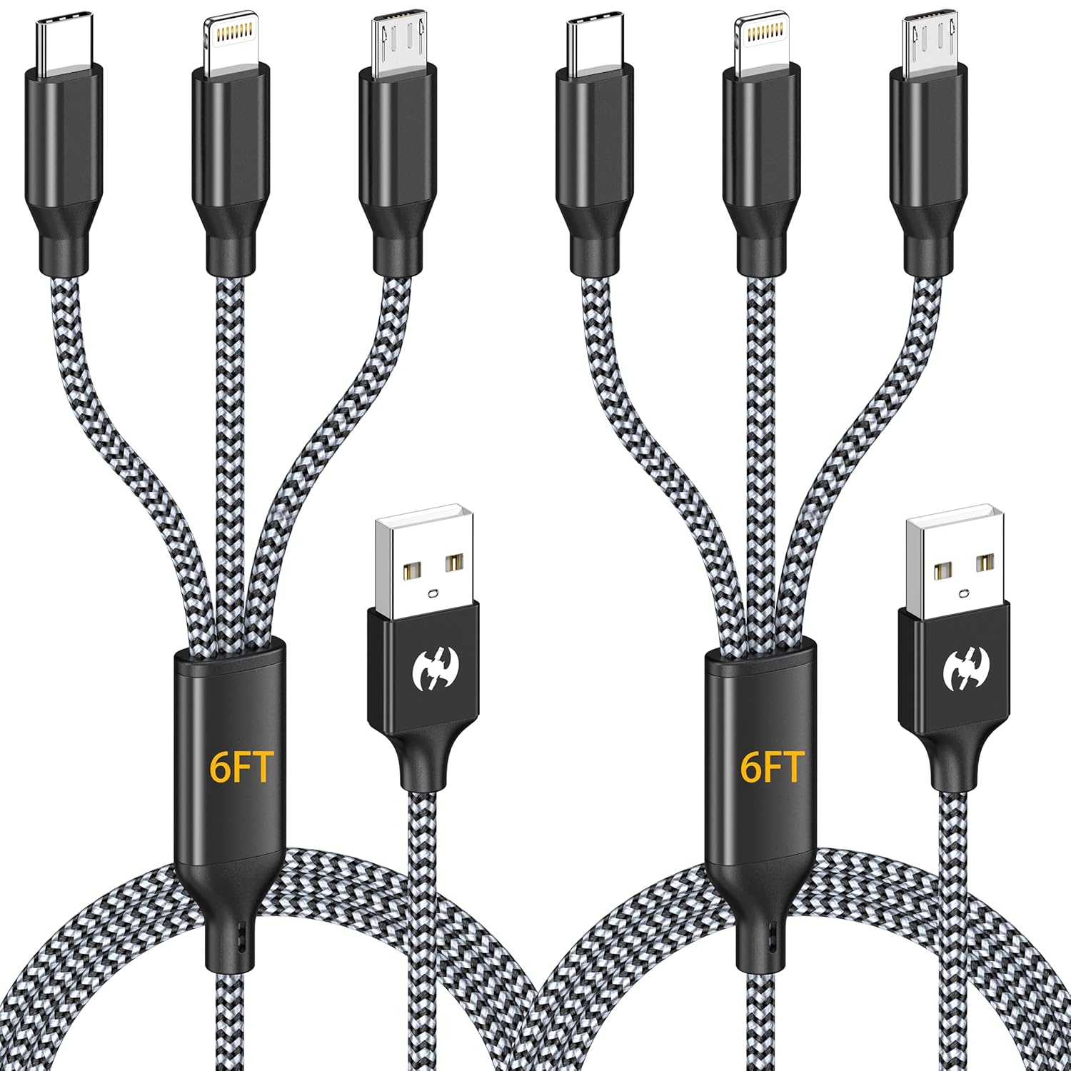 AICHUA 3 in 1 Multi Charging Cable 6ft, 2 Pack Nylon Braided Charger Cord with Lightning, USB C and Micro USB Connectors, Universal Phone Charging Cable for iPhone and Android Devices