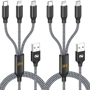 AICHUA 3 in 1 Short Multi Charging Cable 2ft, 2 Pack Nylon Braided Charger Cord with Lightning, USB C and Micro USB Connectors, Universal Phone Charging Cable for iPhone and Android Devices