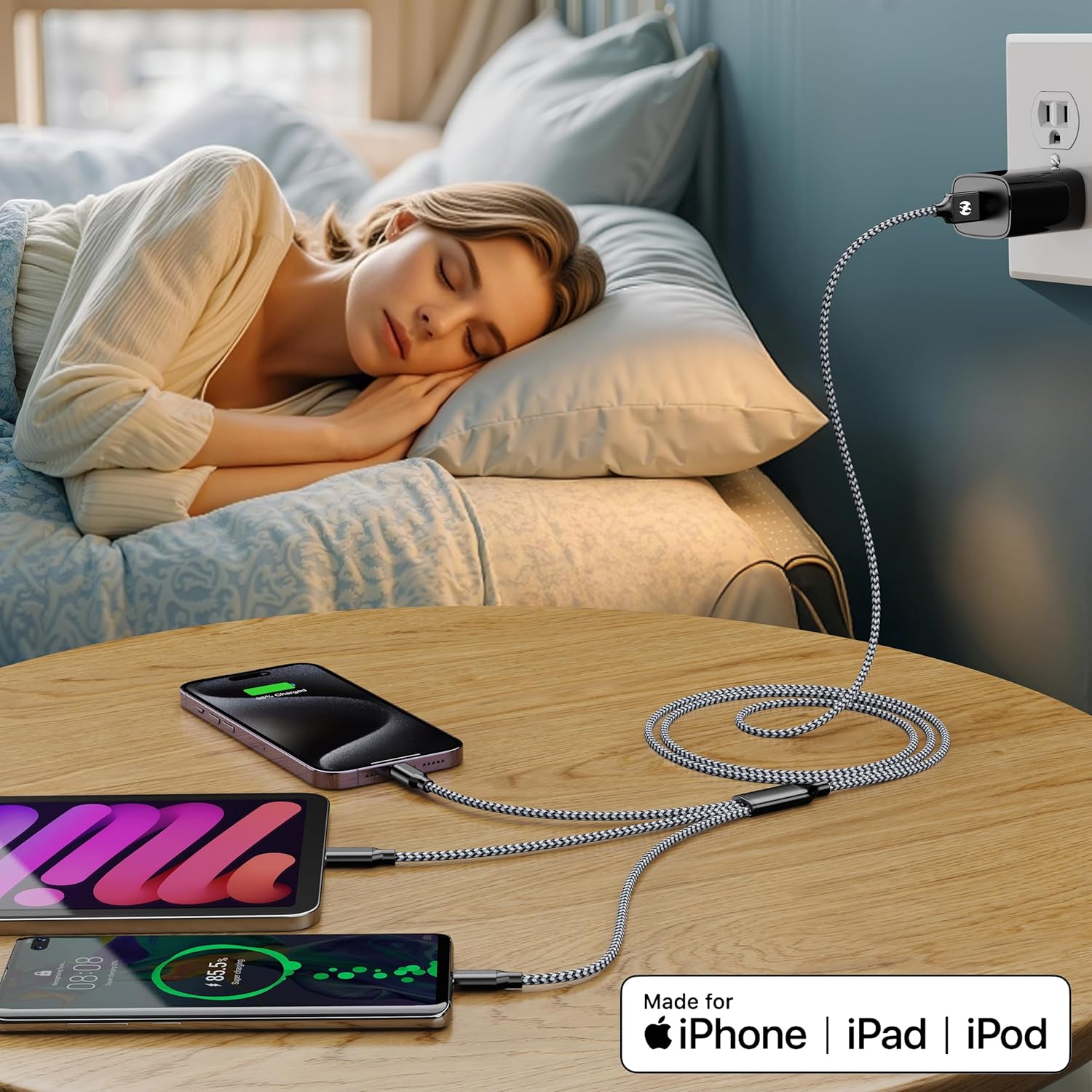 AICHUA 3 in 1 Short Multi Charging Cable 2ft, 2 Pack Nylon Braided Charger Cord with Lightning, USB C and Micro USB Connectors, Universal Phone Charging Cable for iPhone and Android Devices