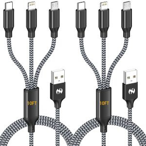 AICHUA 3 in 1 Long Multi Charging Cable 10ft, 2 Pack Nylon Braided Charger Cord with Lightning, USB C and Micro USB Connectors, Universal Phone Charging Cable for iPhone and Android Devices