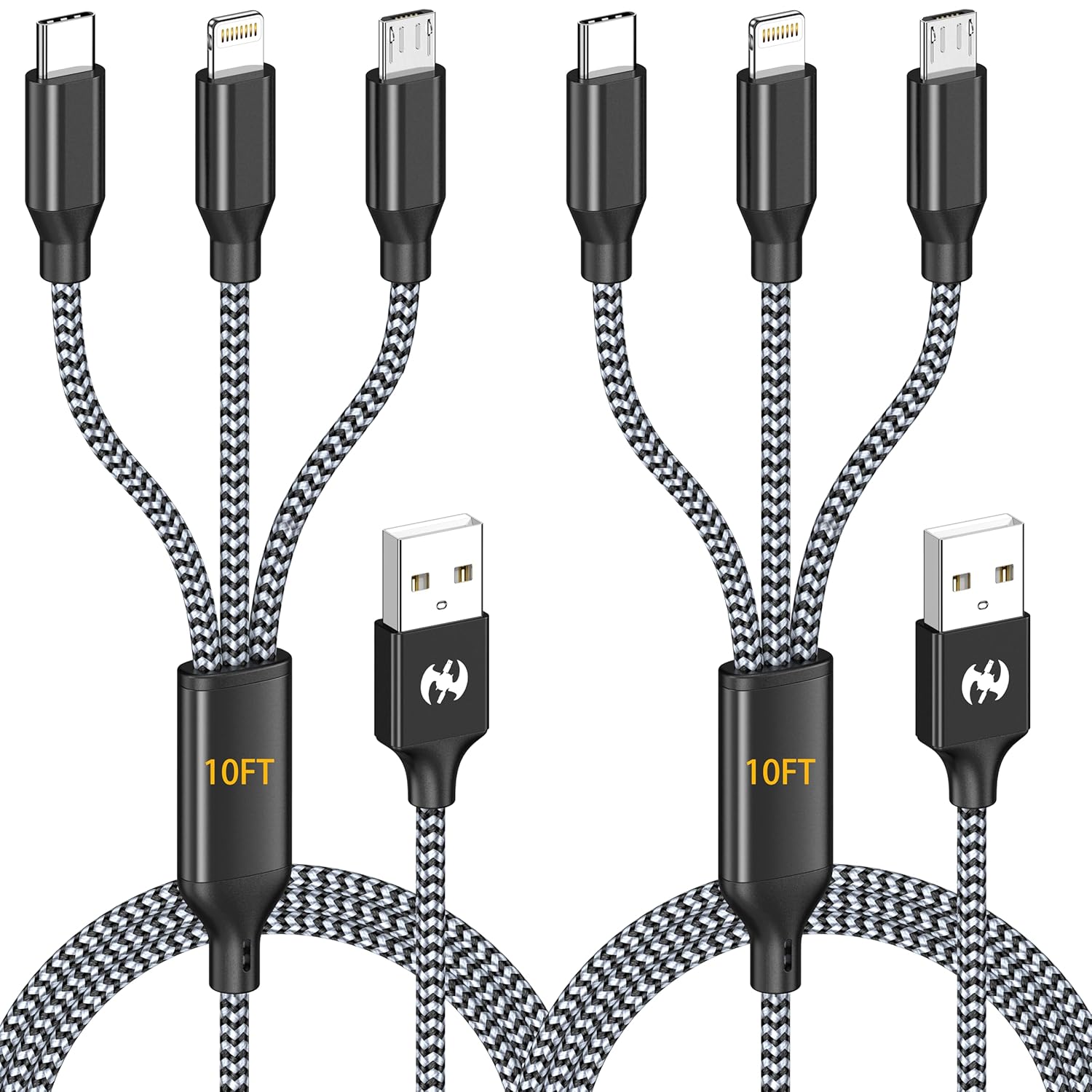 AICHUA 3 in 1 Long Multi Charging Cable 10ft, 2 Pack Nylon Braided Charger Cord with Lightning, USB C and Micro USB Connectors, Universal Phone Charging Cable for iPhone and Android Devices