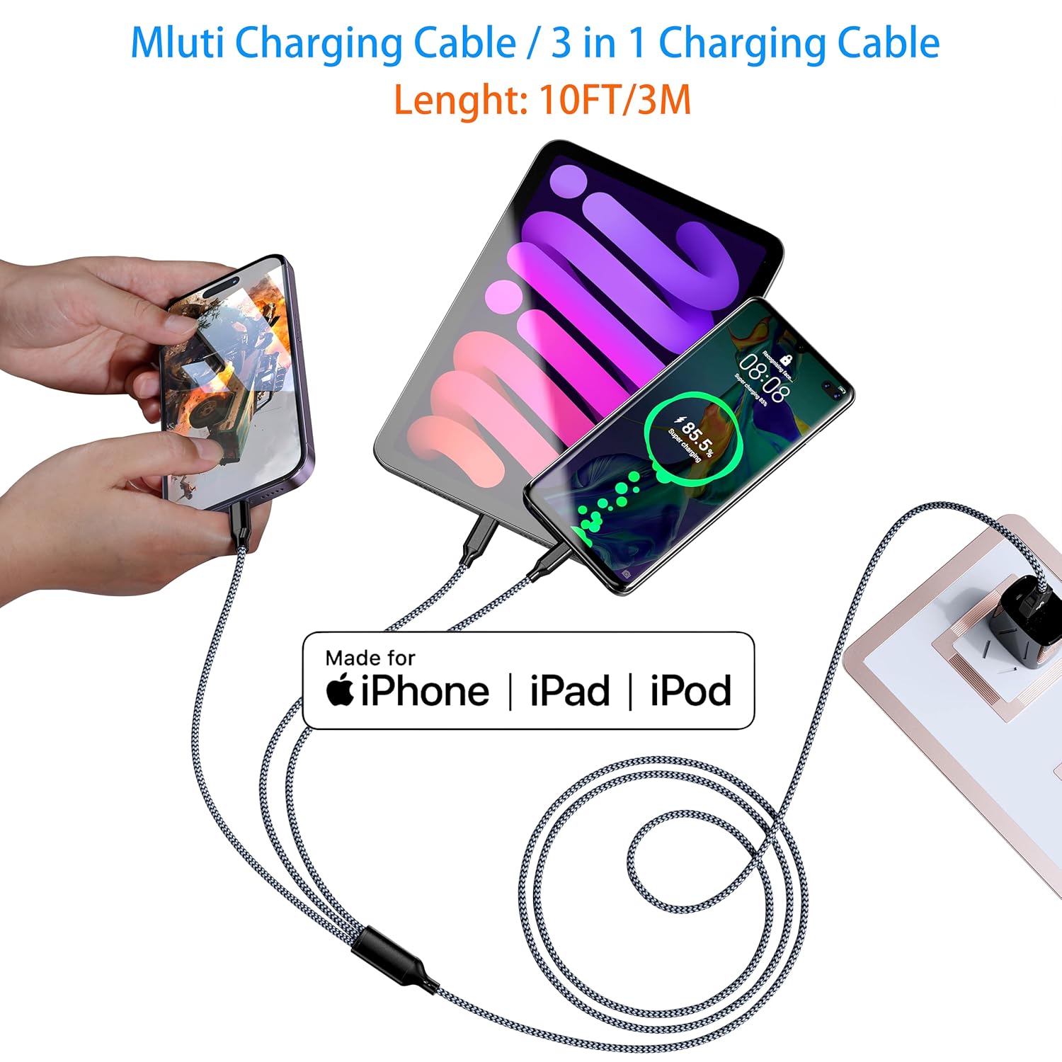 AICHUA 3 in 1 Long Multi Charging Cable 10ft, 2 Pack Nylon Braided Charger Cord with Lightning, USB C and Micro USB Connectors, Universal Phone Charging Cable for iPhone and Android Devices