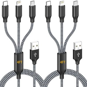 AICHUA 3 in 1 Multi Charging Cable 4ft, 2 Pack Nylon Braided Charger Cord with Lightning, USB C and Micro USB Connectors, Universal Phone Charging Cable for iPhone and Android Devices