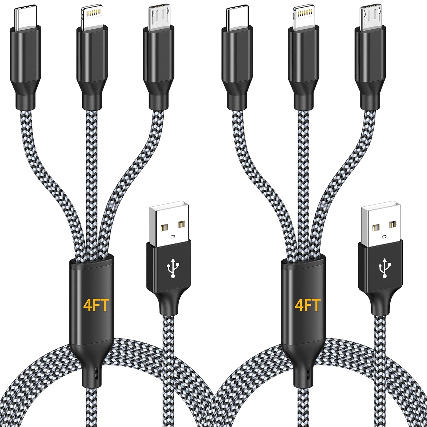 AICHUA 3 in 1 Multi Charging Cable 4ft, 2 Pack Nylon Braided Charger Cord with Lightning, USB C and Micro USB Connectors, Universal Phone Charging Cable for iPhone and Android Devices