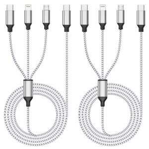 AICHUA 3 in 1 Multi Charging Cable 4ft, 2 Pack Nylon Braided Charger Cord with Lightning, USB C and Micro USB Connectors, Universal Phone Charging Cable for iPhone and Android Devices